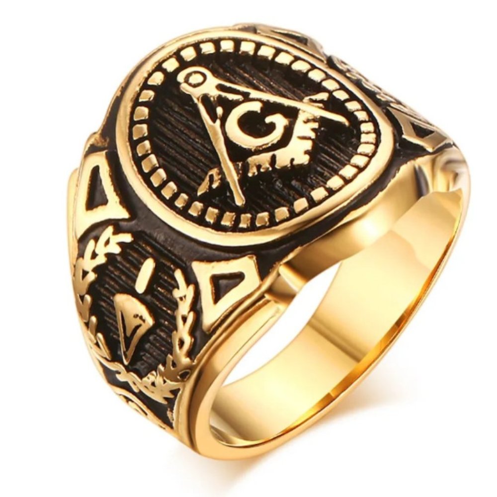 Golden Blac kAG Freemasonry Masonic Ring G& Pillars Freemason Master Masons Ring